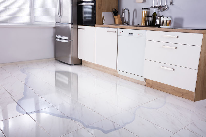 A kitchen flooded by refridgerator