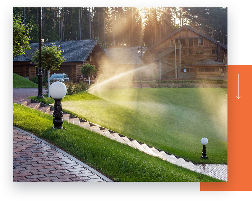 Outdoor irrigation watering a large lawn
