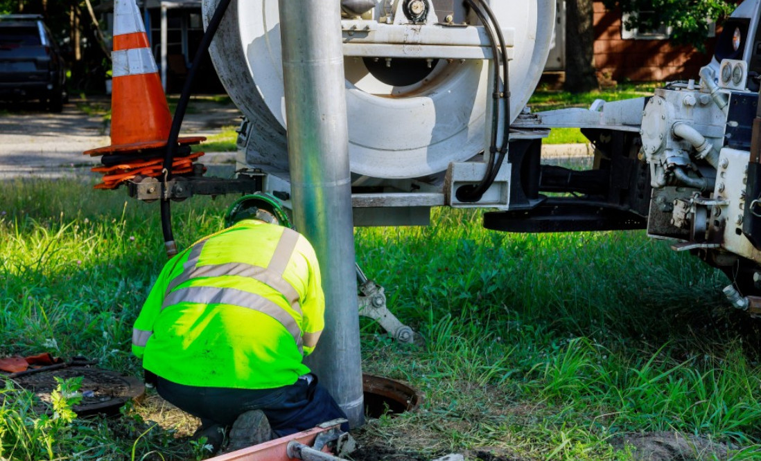 A technician working on a sewer line in a front yard.